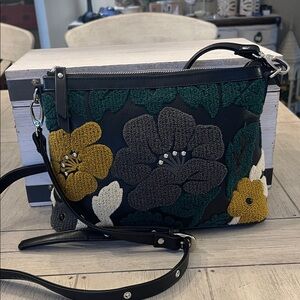 Sharif Leather Black Crossbody with Green, Mustard and Cream Floral Appliqué